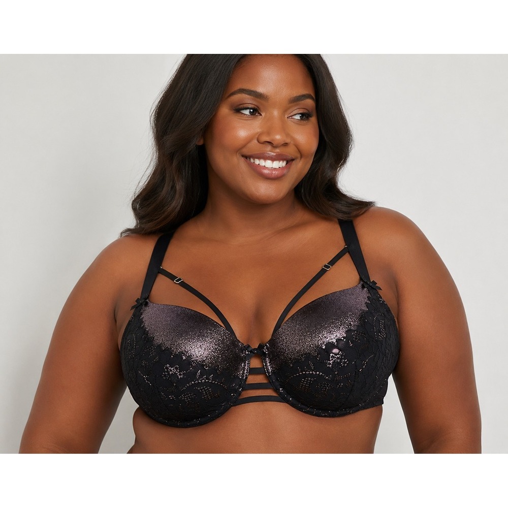 Lane Bryant CACIQUE Black Purple Shimmer Strappy Lace Push-Up Bra 42DD Boudoir